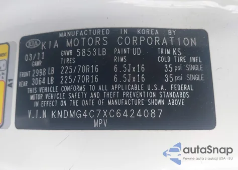 2012 Kia Sedona Lx z USA, uszkodzony, nr VIN KNDMG4C7XC6424087